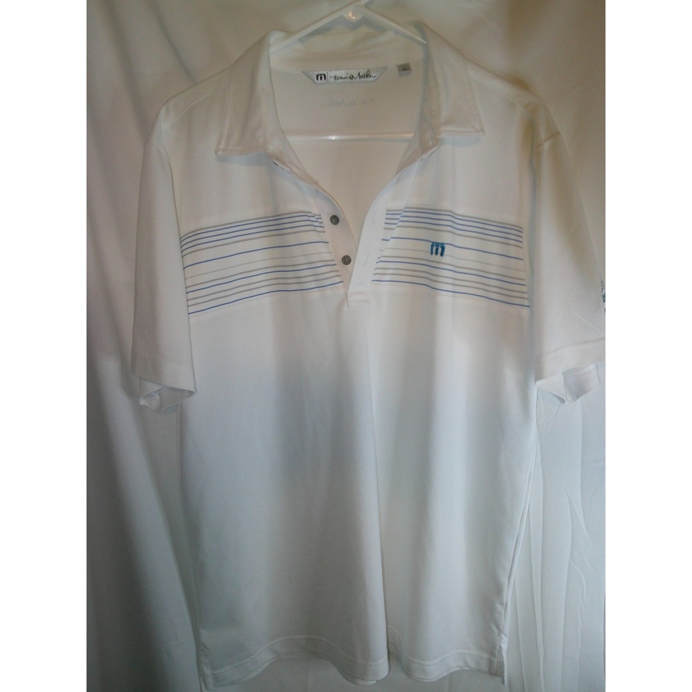 Travis Mathew‎ Golf Polo Shirt Striped Athletic Casual White Blue L